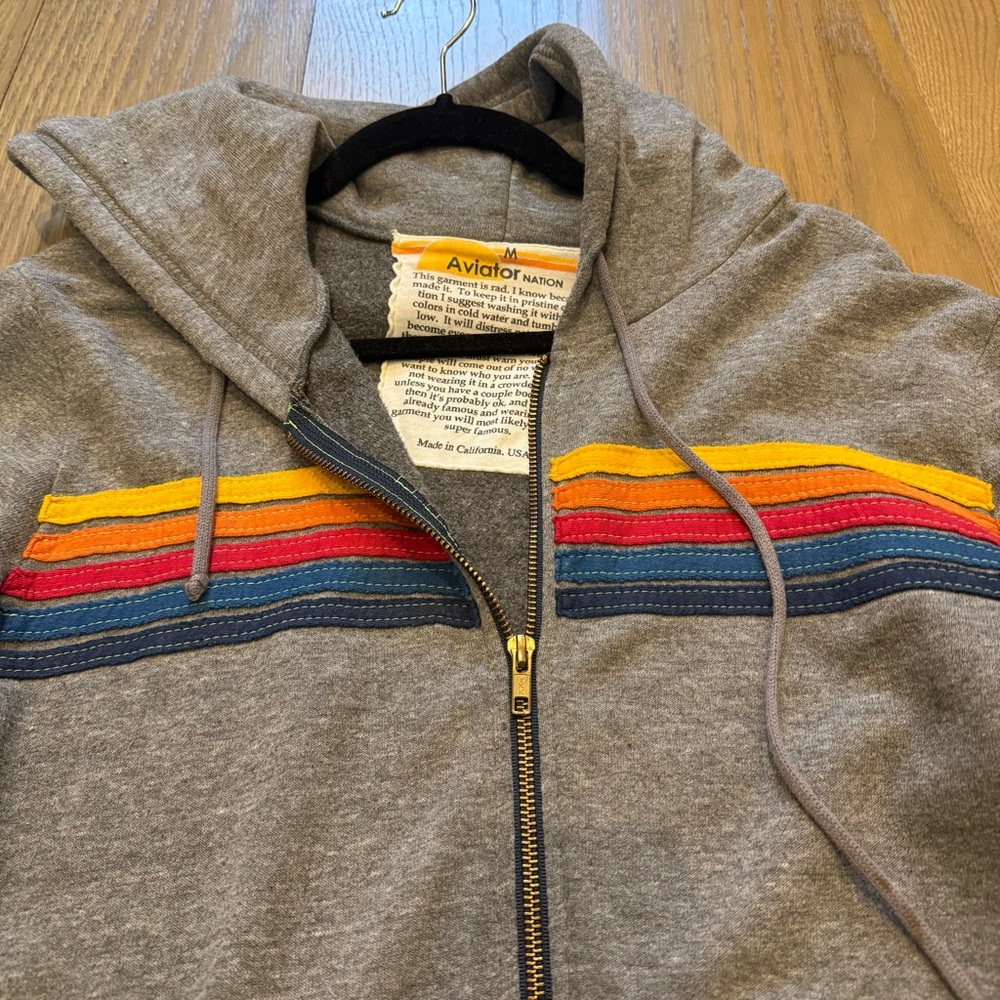 Aviator Nation Gray Zip-Up Sweater with Colorful Stripes - Picture 3 of 5